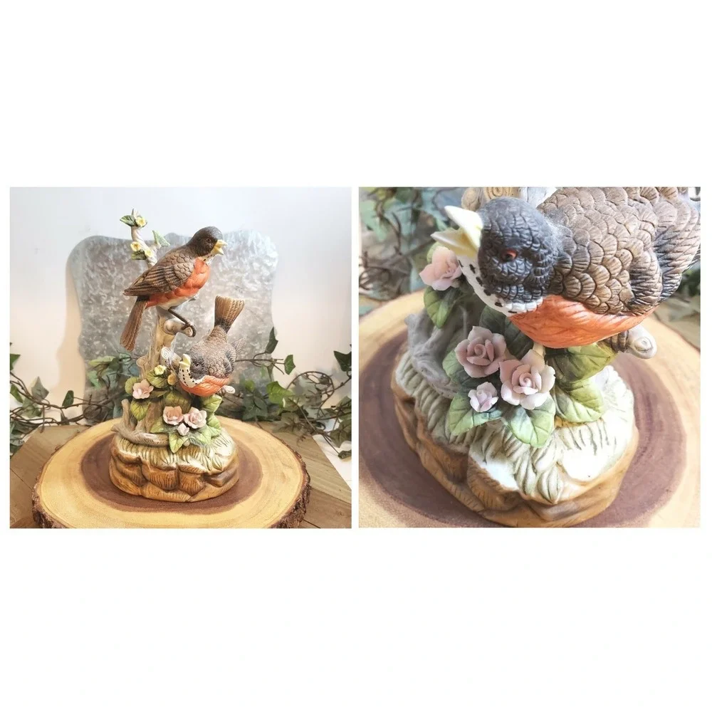 Three Bird Lover Ceramic Figurines - Two Robins (1 is music box) & One Cardinal